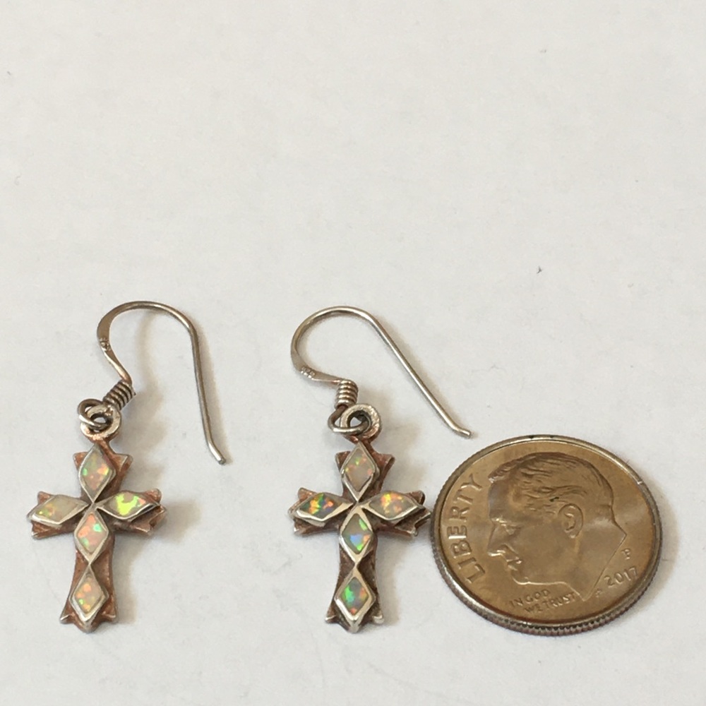 Sterling Silver and White Opal Earrings - Picture 2 of 3